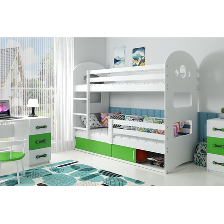 Gyerek emeletes ágy DOMINIK tárolóhellyel 80x160 cm - fehér Zöld BMS